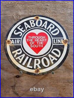 Vintage Seaboard Porcelain Railroad Sign Train Railway Station Gas Advertising