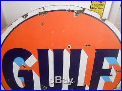 Vintage Sign Original Gulf Gasoline Double Sided Porcelain 42 Dia