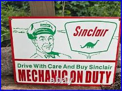 Vintage Sinclair Mechanic On Duty Porcelain Gas Pump Sign 12 X 8 Heavy Sign