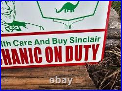 Vintage Sinclair Mechanic On Duty Porcelain Gas Pump Sign 12 X 8 Heavy Sign