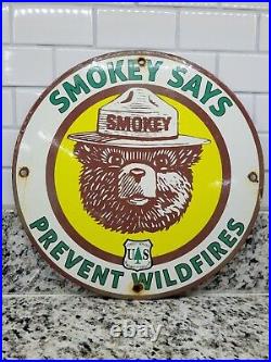 Vintage Smokey The Bear Porcelain Sign National Forest Service Park Fire Gas Oil