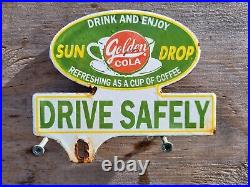 Vintage Sun Drop Porcelain Sign Tag Topper Soda Golden Cola Beverage Advertising