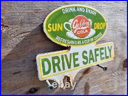 Vintage Sun Drop Porcelain Sign Tag Topper Soda Golden Cola Beverage Advertising