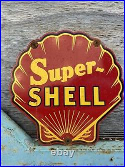Vintage Super Shell Gasoline Porcelain Sign American Oil Gas Pump Red Rare 12