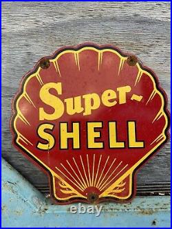 Vintage Super Shell Gasoline Porcelain Sign American Oil Gas Pump Red Rare 12