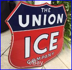Vintage THE UNION ICE COMPANY 32 x 32 Shield Cut Shape Porcelain Sign NO RESERVE