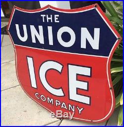 Vintage THE UNION ICE COMPANY 32 x 32 Shield Cut Shape Porcelain Sign NO RESERVE