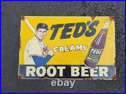 Vintage Teds Rootbeer Porcelain Sign Advertising Gas Baseball Sports Soda Beer