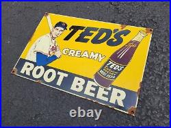 Vintage Teds Rootbeer Porcelain Sign Advertising Gas Baseball Sports Soda Beer