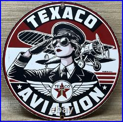 Vintage Texaco Aviation Porcelain Sign Gas Service Station Pump Plate Oil Pin Up