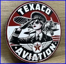 Vintage Texaco Aviation Porcelain Sign Gas Service Station Pump Plate Oil Pin Up