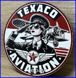 Vintage Texaco Aviation Porcelain Sign Gas Service Station Pump Plate Oil Pin Up