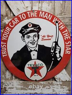 Vintage Texaco Porcelain Sign 30 Large Dealer Gas Motor Oil Service Attendant