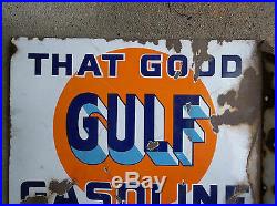 Vintage That Good Gulf Gasoline Flange Porcelain Hanging Sign-Gas Station