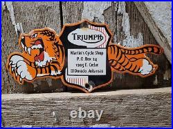 Vintage Triumph Motorcycle Porcelain Sign Gas Dealer Advertising Service Tiger