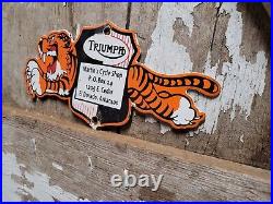 Vintage Triumph Motorcycle Porcelain Sign Gas Dealer Advertising Service Tiger