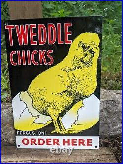 Vintage Tweddle Chicks Heavy Porcelain Metal Farming Farm Chicken Sign 12x8