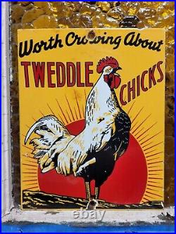 Vintage Tweddle Chicks Porcelain Sign Farm Chicken Livestock Hatchery Rooster