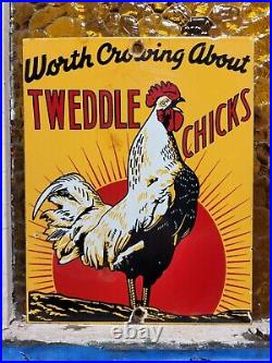 Vintage Tweddle Chicks Porcelain Sign Farm Chicken Livestock Hatchery Rooster