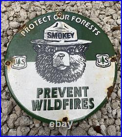 Vintage US Forest Service Porcelain Sign Smokey Bear Prevent Fire Natl Park Gas