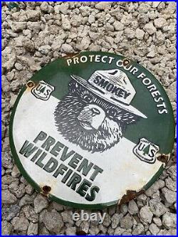Vintage US Forest Service Porcelain Sign Smokey Bear Prevent Fire Natl Park Gas