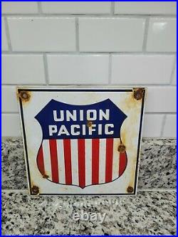 Vintage Union Pacific Railroad Porcelain Sign Old Train Railway Gas Conductor