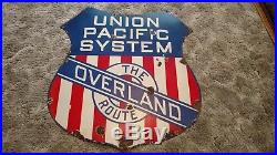 Vintage Union Pacific The Overland Route Train Railroad Porcelain Sign 38 X 42