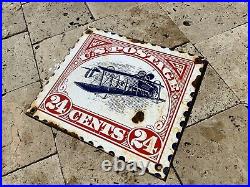 Vintage Us Postage Stamp Porcelain Sign Government Postal Plane Gas Oil Postage
