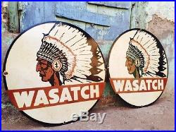 Vintage Wasatch Utah Gas And Oil Porcelain Enamel Sign 24 Inch Diameter x2