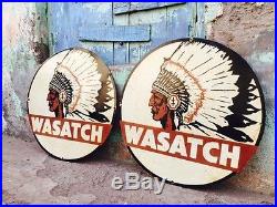 Vintage Wasatch Utah Gas And Oil Porcelain Enamel Sign 24 Inch Diameter x2