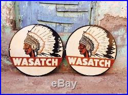 Vintage Wasatch Utah Gas And Oil Porcelain Enamel Sign 24 Inch Diameter x2