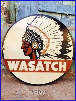 Vintage Wasatch Utah Gas And Oil Porcelain Enamel Sign 24 Inch Diameter x2