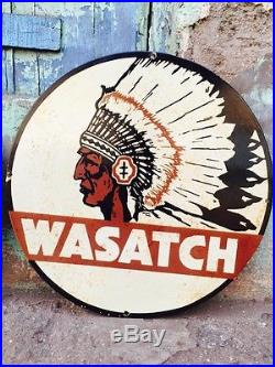 Vintage Wasatch Utah Gas And Oil Porcelain Enamel Sign 24 Inch Diameter x2