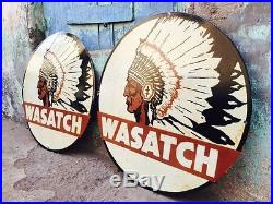 Vintage Wasatch Utah Gas And Oil Porcelain Enamel Sign 24 Inch Diameter x2