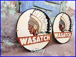 Vintage Wasatch Utah Gas And Oil Porcelain Enamel Sign 24 Inch Diameter x2