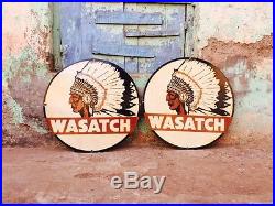 Vintage Wasatch Utah Gas And Oil Porcelain Enamel Sign 24 Inch Diameter x2