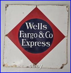 Vintage Wells Fargo & Co. Express Porcelain Advertising Sign 1930s 21x21 inches