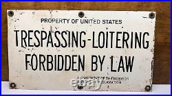 Vintage White Porcelain Sign TRESPASSING-LOITERING Forbidden By Law 18 x 10
