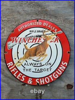 Vintage Winchester Dealer Porcelain Sign Shotgun Gun Rifle Ammunition Target Gas