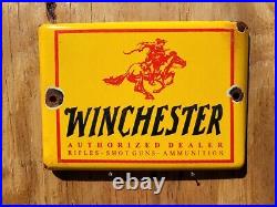 Vintage Winchester Porcelain Sign Authorized Dealer Gun Firearm Pistol Gas Oil