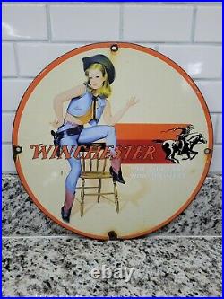 Vintage Winchester Porcelain Sign Cowgirl Rodeo Shooting Gun Rifle Ammo Gas Oil