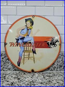 Vintage Winchester Porcelain Sign Cowgirl Rodeo Shooting Gun Rifle Ammo Gas Oil