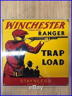 Vintage Winchester Trap Load Box Heavy Porcelain Sign Last Man Standing