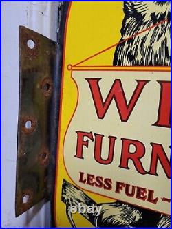 Vintage Wise Furnaces Porcelain Sign Flange Owl Coal House Heating Oil Gas Fuel