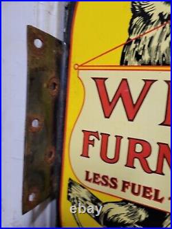 Vintage Wise Furnaces Porcelain Sign Flange Owl Coal House Heating Oil Gas Fuel