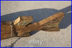Vintage Wood Fish Sign Marble Eye Carved Fishing trade sign with chain bass pike
