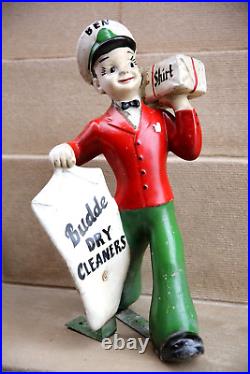 Vintage Workwear Clothing Mannequin Sign Statue Advertising Budde Dry Cleaners