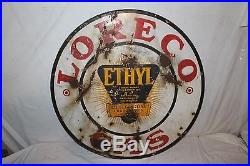 Vintage c. 1930 Loreco Ethyl Gas Station 2 Sided 30 Porcelain Metal Sign