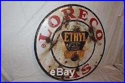 Vintage c. 1930 Loreco Ethyl Gas Station 2 Sided 30 Porcelain Metal Sign