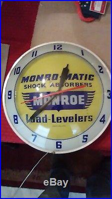 Vintage c. 1960 Monroe Shock Absorbers Gas Oil Lighted Double Bubble Clock Sign